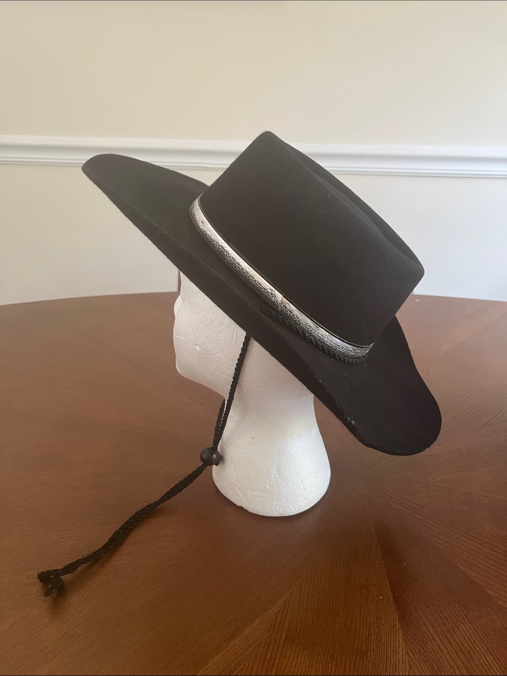 Southwest Gambler Western Black Wool Hat Silver Band Chin Strap Unisex Small